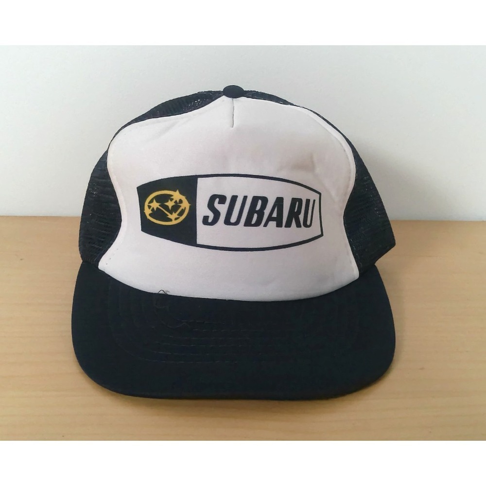 Vintage Subaru Trucker Hat SportsCap Large Navy White Mesh Snapback Auto Logo